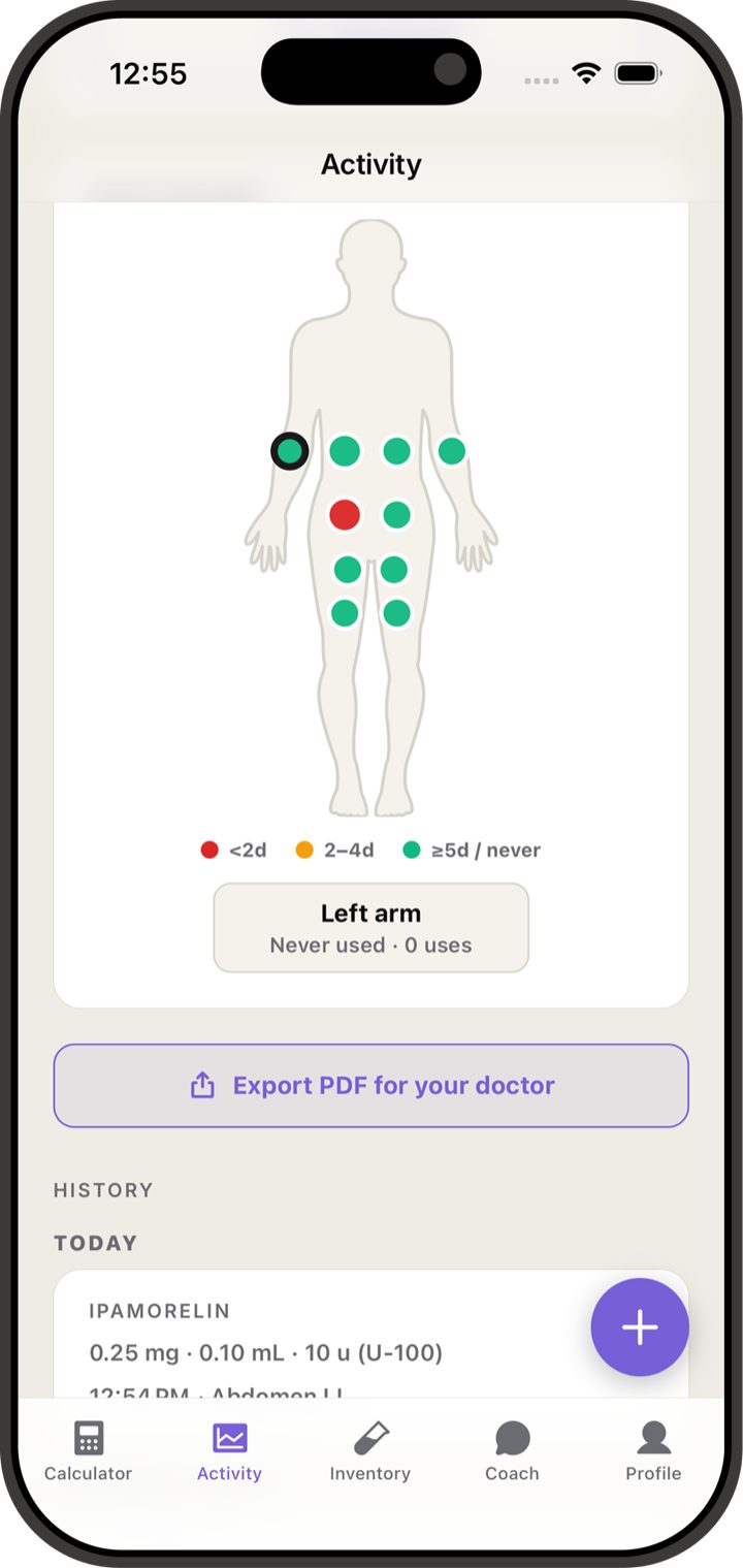 Injection site rotation tracker screen