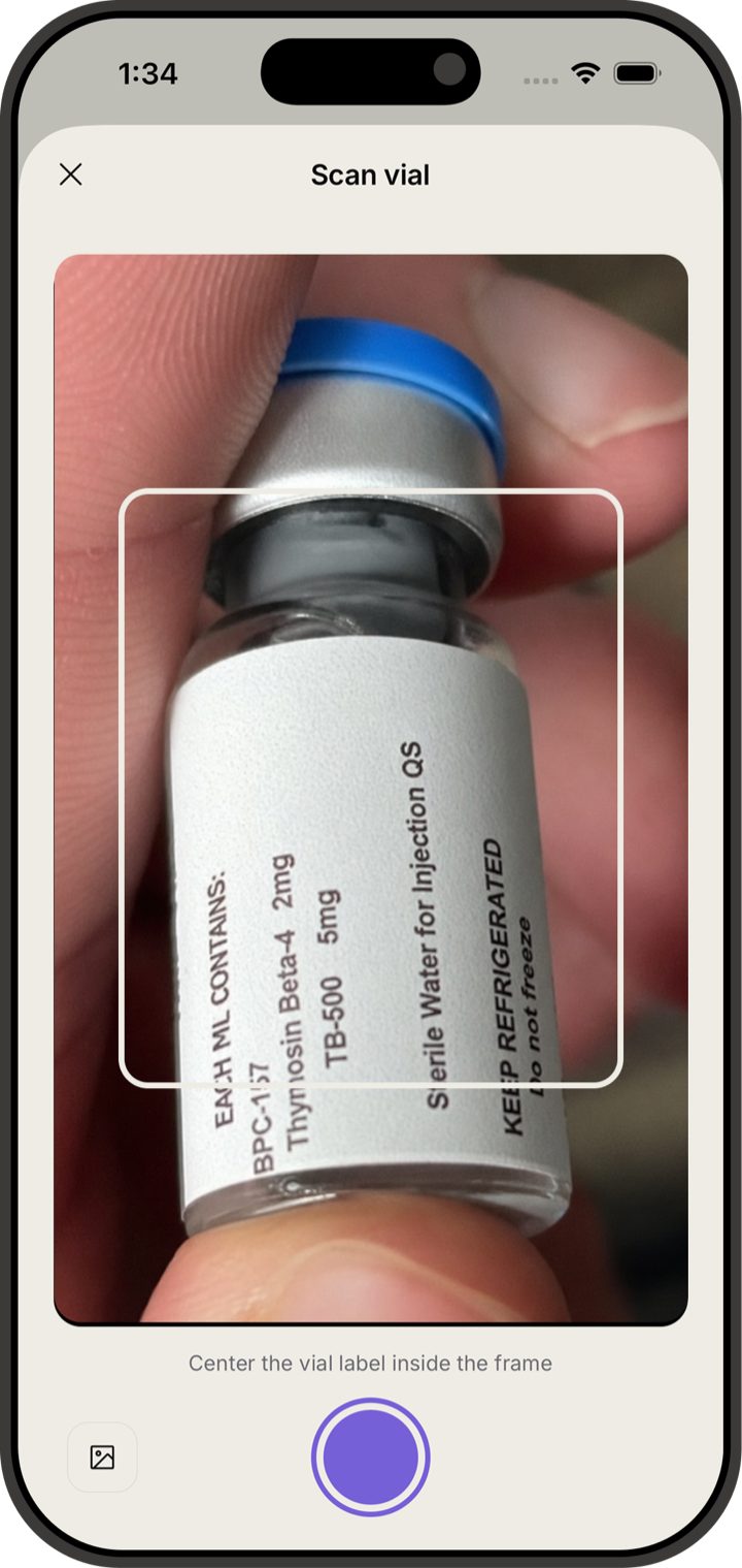 Vial scan screen for reading a peptide vial label